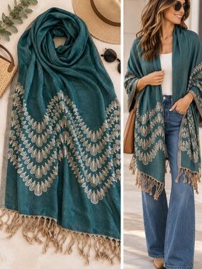 Teal Embroidered Fringe Scarf - Brand Unknown